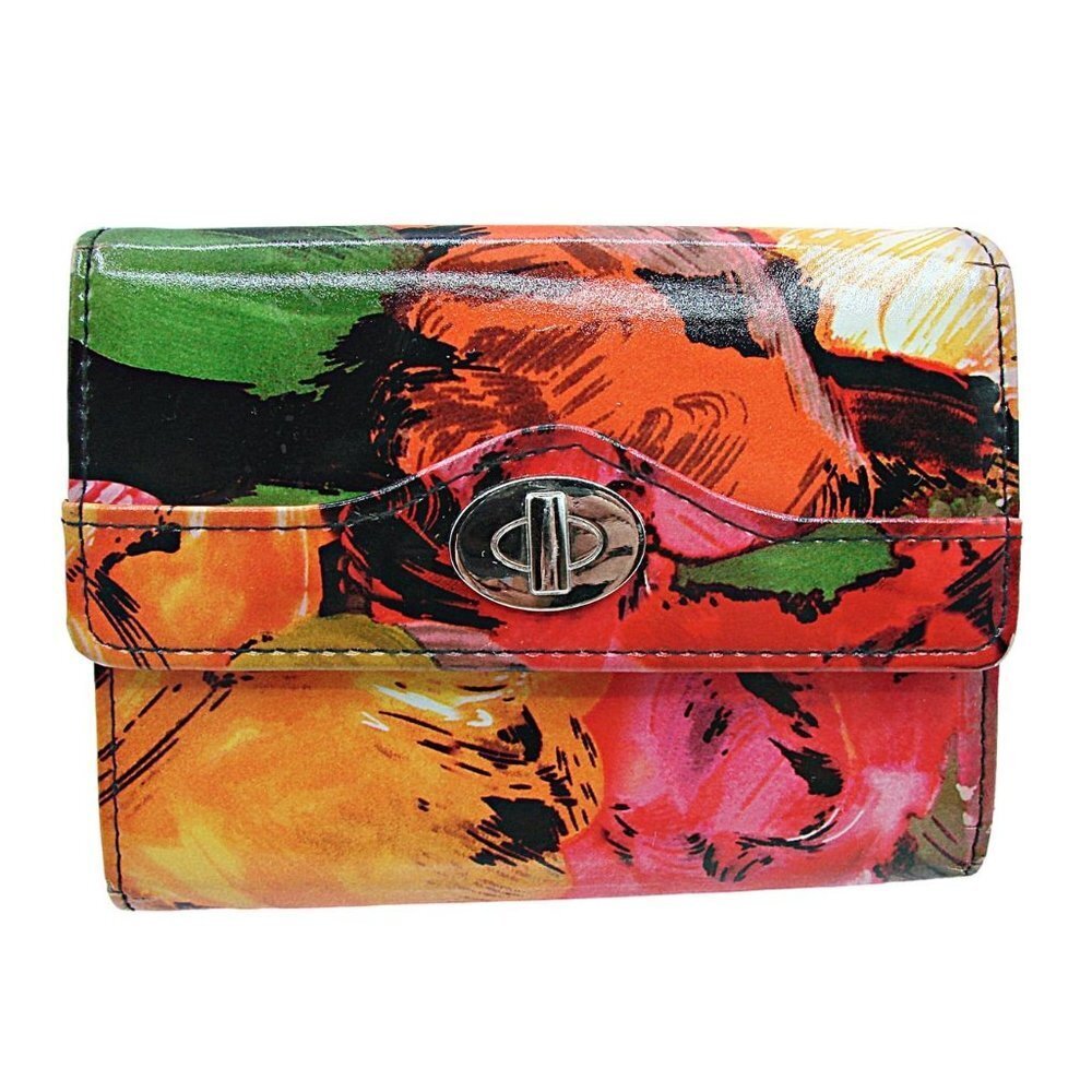 Safe Keeper Tri-fold Faux Wallet Pink Green Yellow Floral Details Black Interior
